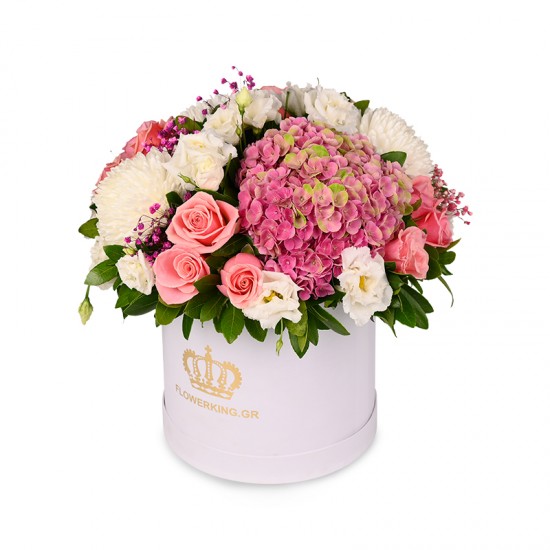 Pink τριαντάφυλλα, λευκά χρυσάνθεμα και ροζ ορτανσία σε σικ κουτί πολυτελείας 