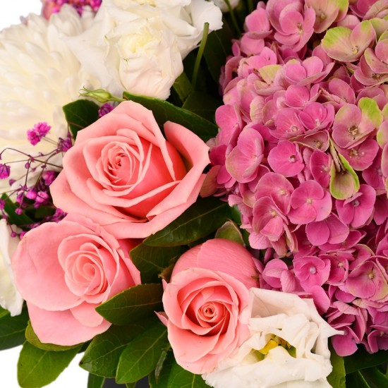 Pink τριαντάφυλλα, λευκά χρυσάνθεμα και ροζ ορτανσία σε σικ κουτί πολυτελείας 